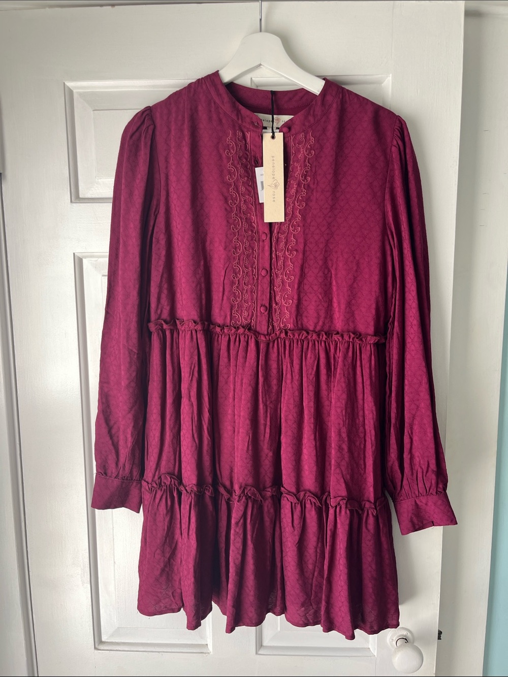 NWT Penelope Rose Maroon Tiered Long-Sleeve Babydoll Folk Design Mini Dress S